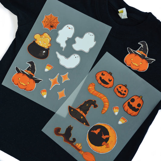 Artstickly Halloween Iron-On Patch Set for Textiles, 2 Sheets DIN A5 for Ironing | Decorate T-Shirts, Jeans, Hoodies | Large and Small Patches for Kids, Families, and Adults