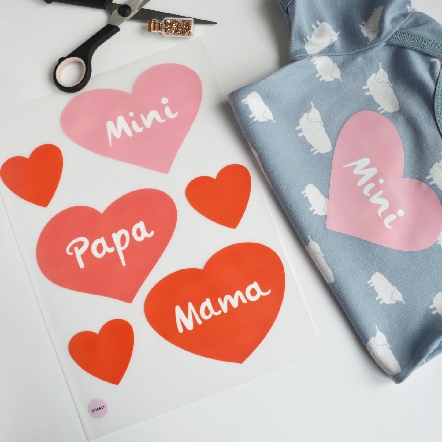 Bügelbilder Mama, Papa, Mini Herzen, A4-Set für Kinder, Erwachsene