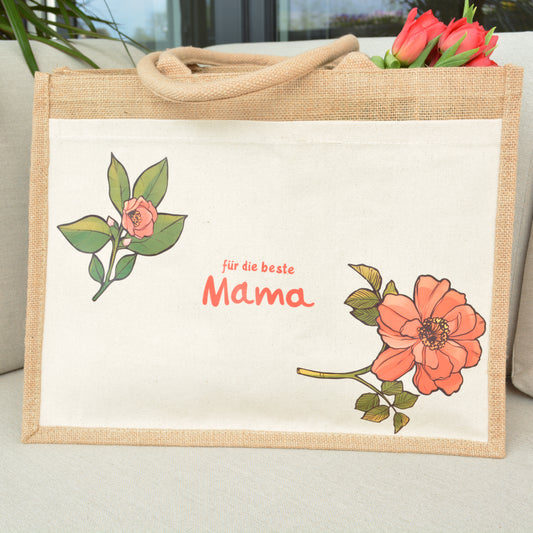 Artstickly Beschriftete Jutetasche mit Blumen als Geschenk für Damen, Mama, Mutter