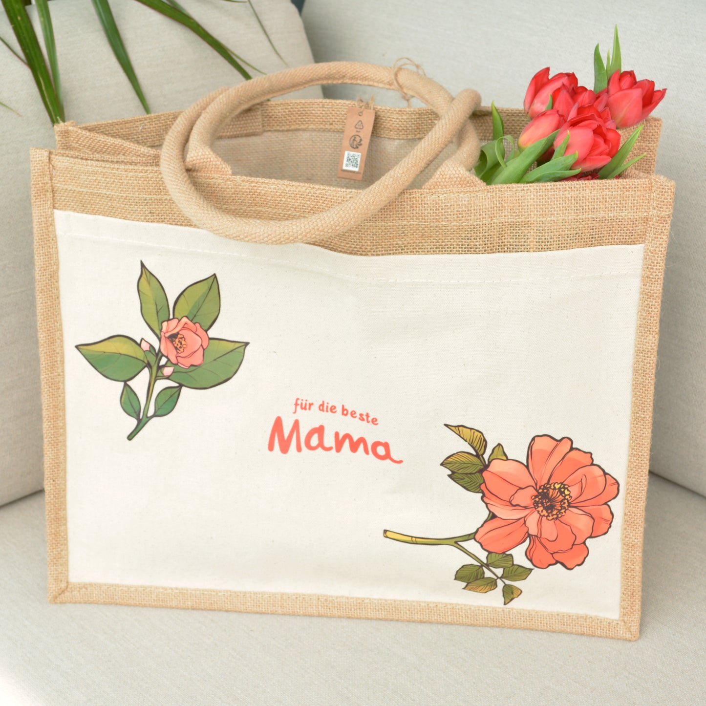 Artstickly Beschriftete Jutetasche mit Blumen als Geschenk für Damen, Mama, Mutter