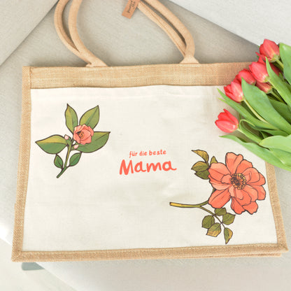 Artstickly Beschriftete Jutetasche mit Blumen als Geschenk für Damen, Mama, Mutter