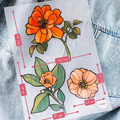 ArtStickly Iron-On Patches Flower Set, DIN A4 for Ironing | Decoration of T-shirts, hoodies, jeans | Patches large and small for children and adults