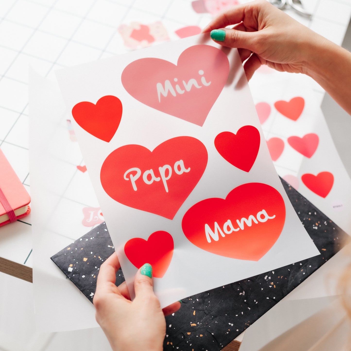 Bügelbilder Mama, Papa, Mini Herzen, A4-Set für Kinder, Erwachsene