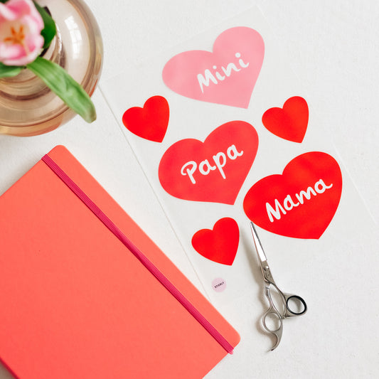Bügelbilder Mama, Papa, Mini Herzen, A4-Set für Kinder, Erwachsene